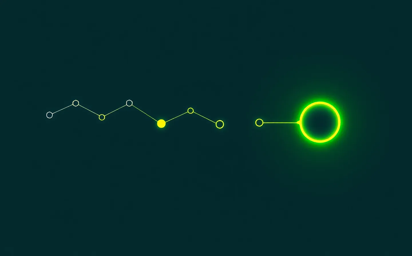 Forest-green console schematic of a seven-bead peptide fragment with one neon active-site bead clasping a single globular actin node, on a deep teal-black ground